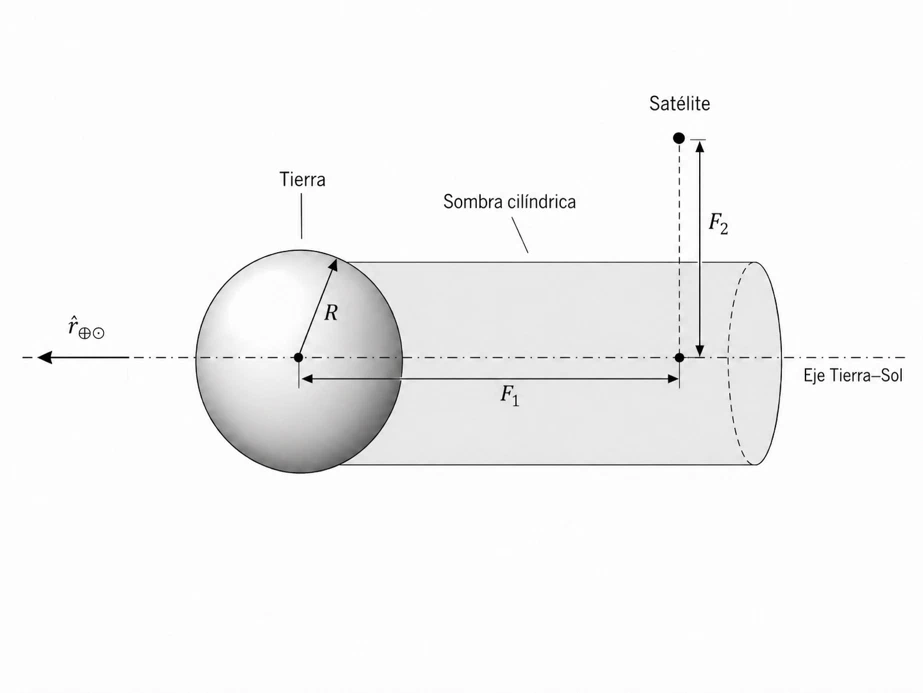Cylindrical shadow model used to determine whether the satellite is in eclipse