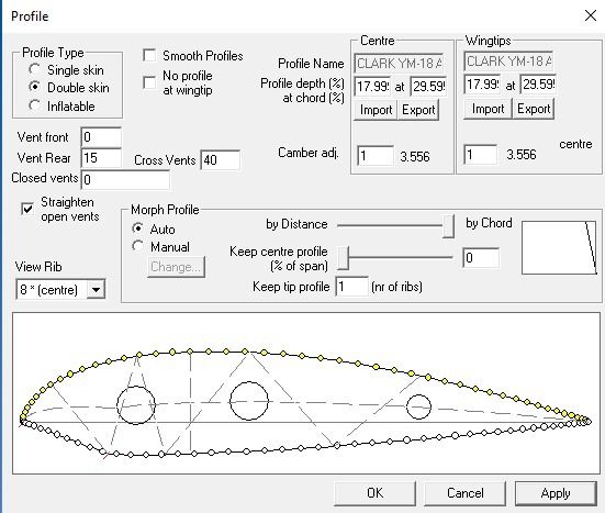 Surfplan profile configuration with Clark YM-18