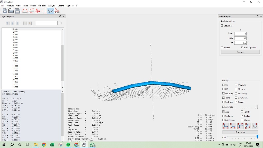 3D flow stream lines and aerodynamic panel analysis in XFLR5