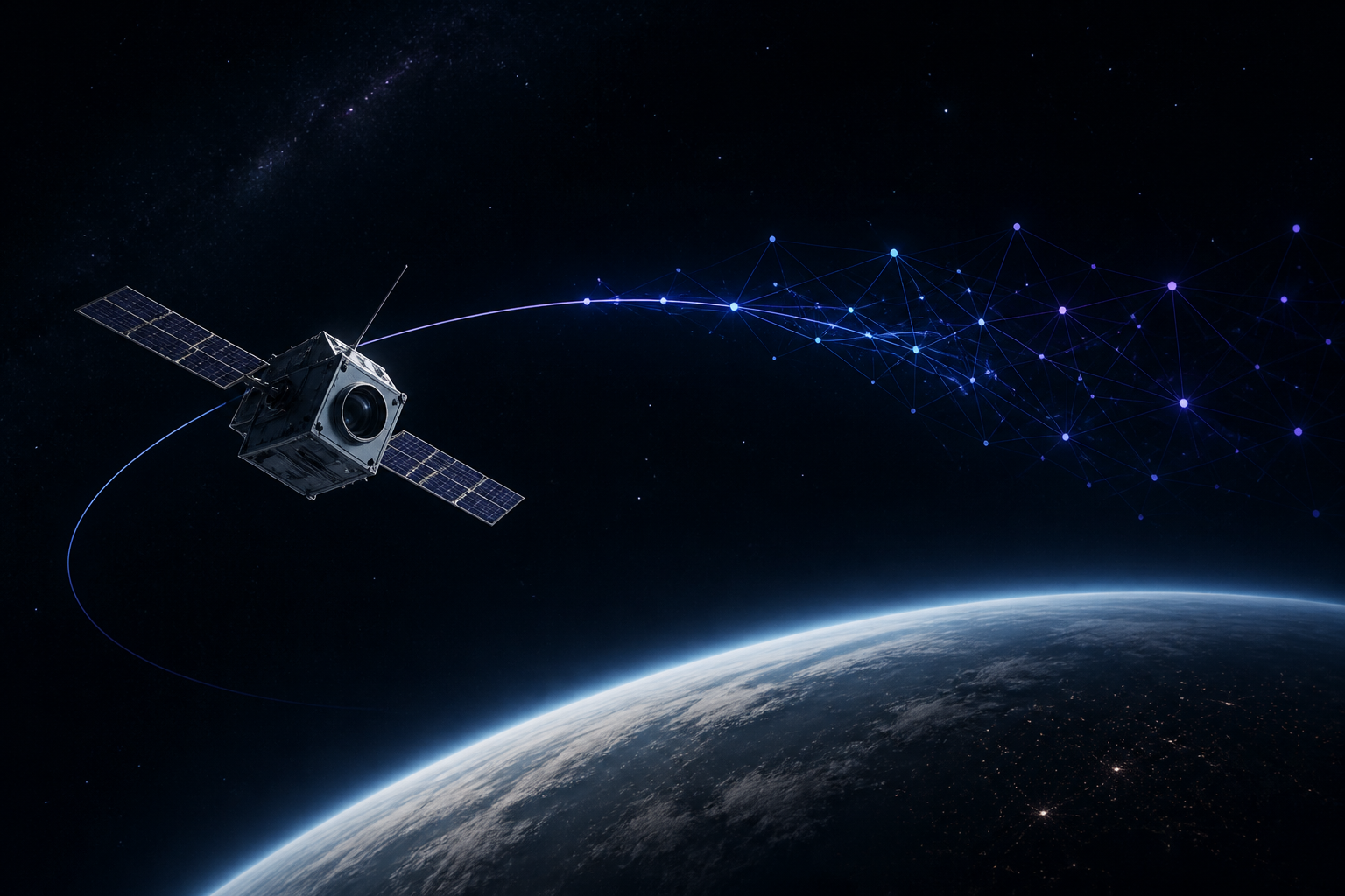 A satellite connects an orbital trajectory with a data network above Earth